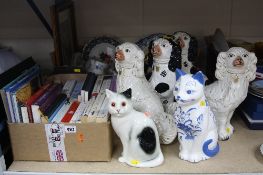 A BOX OF CERAMICS, a box of books, two pairs of seated Staffordshire pottery seated Spaniels and two
