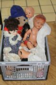 A BOX OF DOLLS, SOFT TEDDY, etc