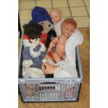 A BOX OF DOLLS, SOFT TEDDY, etc