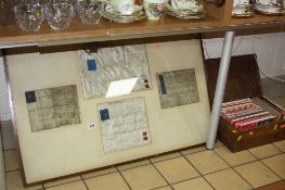 FOUR INDENTURES FRAMED AS ONE 1795, 1745, 1874, 1843 together with a box of ordnance survey maps etc