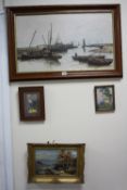 INDISTINCTLY SIGNED EARLY 20TH CENTURY SCHOOL, harbour scene with fishermen by boats, oil on canvas,