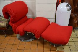 A CHROME FRAMED SWIVEL CHAIR, and swivel footstool with red cushion upholstery, unsigned