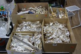FIVE BOXES OF ASSORTED CUTLERY AND FLATWARE, mostly silver plated, including Old English pattern,