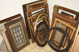 A QUANTITY GILT GESSO AND WOODEN FRAMES, framed cigarette cards, picture etc
