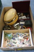 A BOX OF MISCELLANEOUS COSTUME JEWELLERY, etc