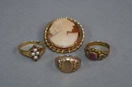 AN 18CT DRESS RING, ring size N, approximate weight 2.4 grams, two 9ct rings, rings size I and a