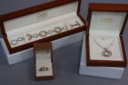 A CLOGAU SILVER JEWELLERY COLLECTION, to include, a modern silver and rose metal circle design