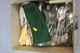 A BOX OF PLATED FLATWARE, various pattern including Fiddle and Old English (Parcel)
