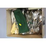 A BOX OF PLATED FLATWARE, various pattern including Fiddle and Old English (Parcel)