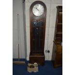 A 20TH CENTURY OAK LONGCASE CLOCK, circular dial, approximate height 191cm (sd, three weights and