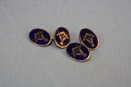 A MID - 20TH CENTURY 9CT GOLD PAIR OF MASONIC CUFFLINKS, oval blue enamelled square and compass,