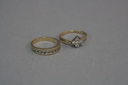 A 9CT DIAMOND HALF ETERNITY RING, ring size M and a 9ct diamond cluster ring, ring size O,