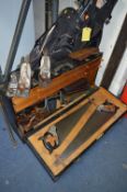 A VINTAGE WOODEN CARPENTERS TOOL BOX, containing three Record Smoothing planes, saws, bit and