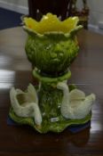 A LATE 19TH CENTURY BRETBY GLAZED POTTERY TABLE CENTRE PIECE, with jardiniere on a seperate base