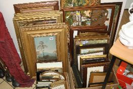 TWO BOXES AND LOOSE PICTURES, TAPESTRIES, MIRROR, to include four coloured hunting scene prints, a