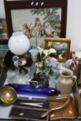 VARIOUS CERAMICS, GLASS, SUNDRY ITEMS etc, to include tapestry firescreen, small oil lamp, brass