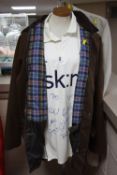 A GENTS BROWN WAX JACKET, size L, a gent's Lands End raincoat and a signed Warwickshire cricket