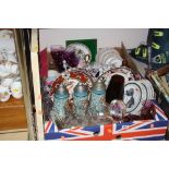 TWO BOXES AND LOOSE CERAMICS, GLASS, PICTURE ETC, to include Masons clock and plates, musical