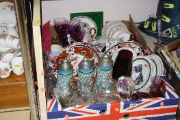 TWO BOXES AND LOOSE CERAMICS, GLASS, PICTURE ETC, to include Masons clock and plates, musical