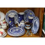 A QUANTITY OF BLUE AND WHITE CERAMICS, copper lustre jug and Wade Whimsies