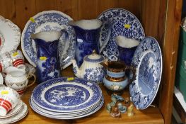 A QUANTITY OF BLUE AND WHITE CERAMICS, copper lustre jug and Wade Whimsies
