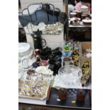 TWO FRAMELESS MIRRORS, bakelite part dressing table set, silver plate and assorted ceramics and