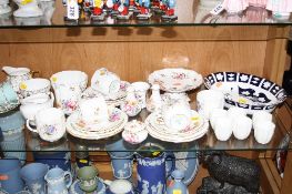 A GROUP OF ROYAL CROWN DERBY TEAWARES, to include 'Derby Posies', 'Vine', unfinished dish etc