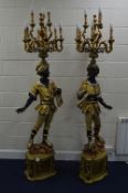 A PAIR OF BLACKAMORE FLOORSTANDING LAMPS, gilt and silver finish fitted with nine candle holders
