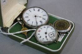 A SILVER POCKET WATCH, and two silver watch heads