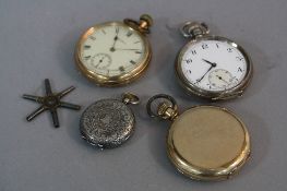 A SILVER POCKET WATCH, silver fob watch and gold plated hunter and half hunter (4)