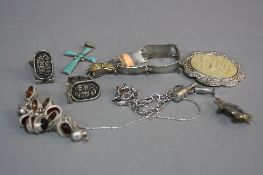 A BAG OF ASSORTED SILVER ITEMS, including turquoise cross etc