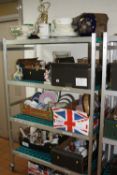 SEVEN BOXES AND LOOSE CERAMICS, GLASS, BOOKS, ETC, to include Masons oil lamp etc (all monies in aid