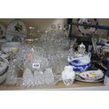 A QUANTITY OF GLASSWARE, including decanters, vases, bowls, etc and a small collection of ceramics