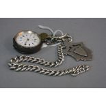A SILVER FOB WATCH, with silver chain and fob