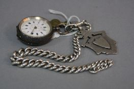 A SILVER FOB WATCH, with silver chain and fob