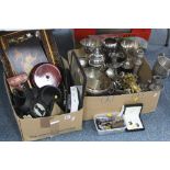 TWO BOXES AND LOOSE SUNDRY ITEMS, to include wristwatch, cufflinks, buttons, silhouettes,