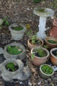A PRE-CAST BIRD BATH, on seperate base and three various garden planters (4)