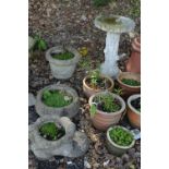 A PRE-CAST BIRD BATH, on seperate base and three various garden planters (4)