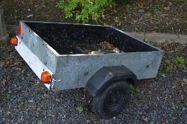 A GALVANISED SINGLE AXIS TRAILER, approximate size length 120cm x width including wheel arch 120cm