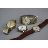 A 9CT GOLD GENTS OMEGA WRISTWATCH, on a plated bracelet, together with two Timex and a Windsor watch