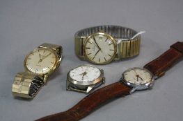 A 9CT GOLD GENTS OMEGA WRISTWATCH, on a plated bracelet, together with two Timex and a Windsor watch