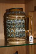 A DOULTON LAMBETH BARREL PITCHER, circa 1875, jewelled and sprigged shell decoration by Mary Aitken,