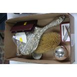 A BOX OF MISCELLANEOUS, including mirror and brush, buckle etc