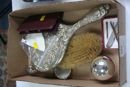 A BOX OF MISCELLANEOUS, including mirror and brush, buckle etc