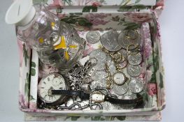 A BOX OF 9CT, YELLOW METAL, silver charm, bracelet, coins etc