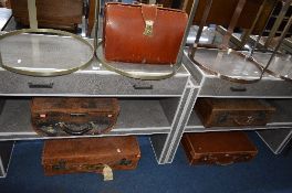 THREE VARIOUS LEATHER SUITCASES, another suitcase and a Gladstone case (sd) (5)