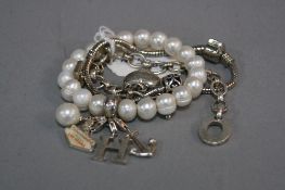 A THOMAS SABO PEARL CHARM BRACELET, together with a Links of London bracelet etc (3)