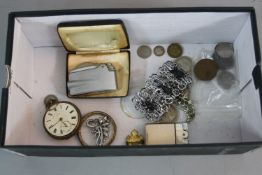 A BOX OF MISCELLANEOUS, including silver pocket watch, coins, costume jewellery etc