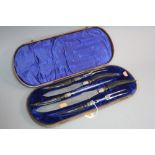 A LATE VICTORIAN CASED HORN HANDLED CARVING SET, for meat and game, with steel, silver band,