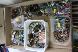 A BOX OF MIXED COSTUME JEWELLERY, etc